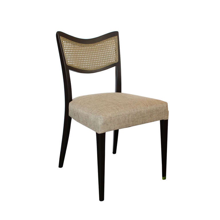 Beautiful set of six Harvey Probber dining chairs. Ebonized wood with new neutral upholstery fabric.