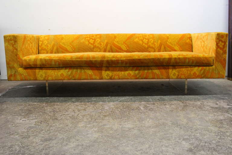 Vintage modern Harvey Probber sofa with lucite slab legs.  This sofa has original Jack Lenor Larsen upholstery with one minor rip on back left side seam area of sofa.  The fabric could potentially be cleaned as there are no noticeable stains on the