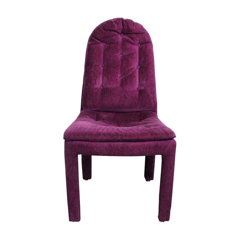 Set of 8 dining chairs, in deep orchid. The upholstery is fun, vibrant and in good condition.