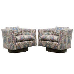 Pair of Paisley Swivel Chairs in the Style of Milo Baughman