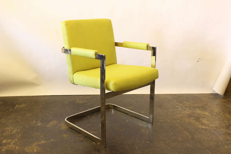 Set of six cantilever dining chairs by Milo Baughman for Thayer Coggin. Chrome finish frame with citrine upholstery fabric.