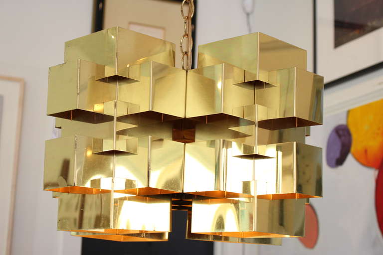 American Brass Brutalist Cubist Chandelier by Curtis Jere, Signed