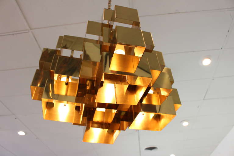Brass Brutalist Cubist Chandelier by Curtis Jere, Signed In Good Condition In Dallas, TX