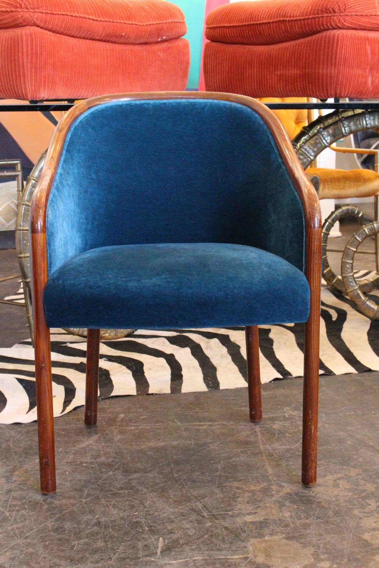 American Pair of 1970s Sapphire Blue Mohair Chairs by Ward Bennett