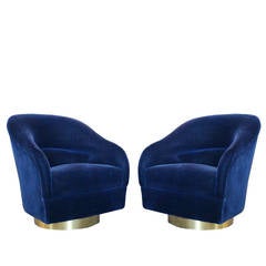 Pair of Blue Mohair Swivel Chairs with Brass Plinth by Ward Bennett