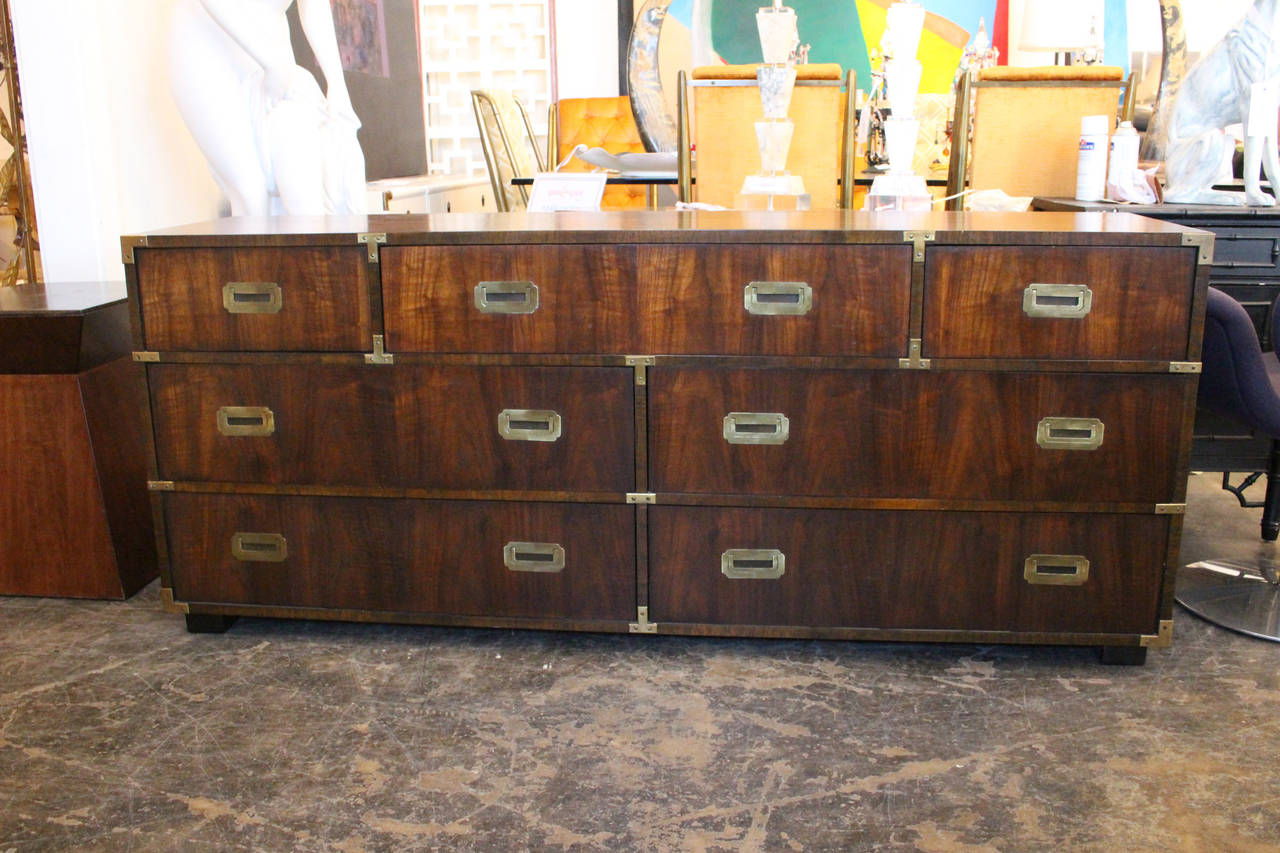 1970s Campaign dresser with brass hardware by Lane. The dresser has ample storage with seven drawers.

Dimensions: 72