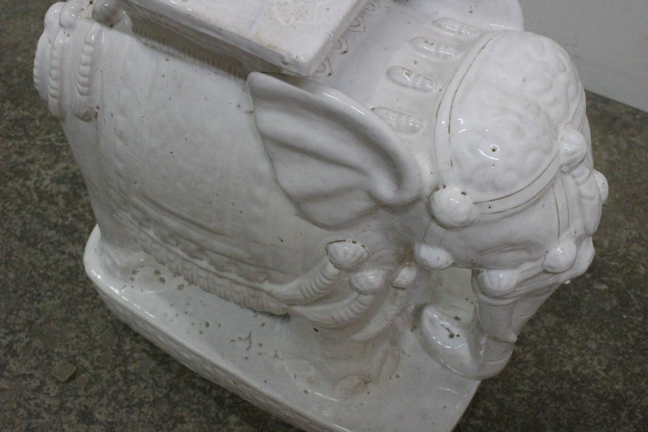 White Glazed Elephant Garden Stool 1