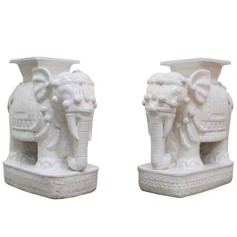 White Glazed Elephant Garden Stool