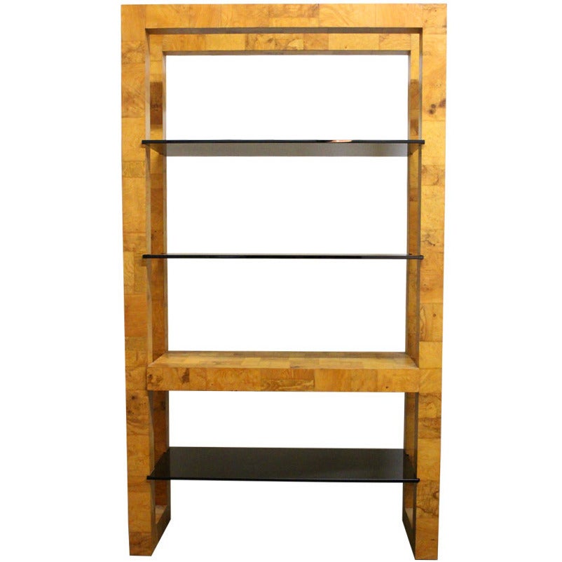 Patchwork burl wood etagere by Paul Evans. The unit has notches along the inside of piece to insert the smoke glass shelves, circa 1970s.

Dimensions: 48