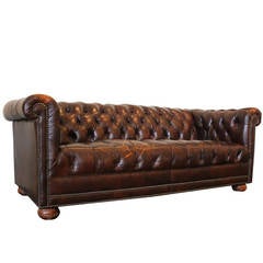 Perfectly Patinated Brown Leather Chesterfield Sofa