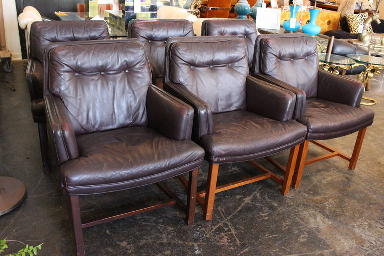 This set off six armchairs by Edward Wormley for Dunbar are upholstered in beautiful aged 