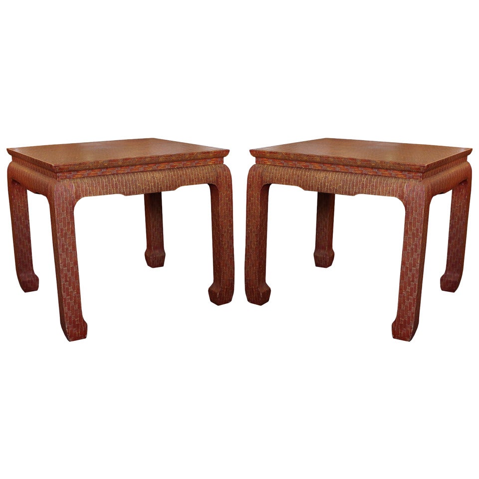Pair Grasscloth Side Tables by Baker