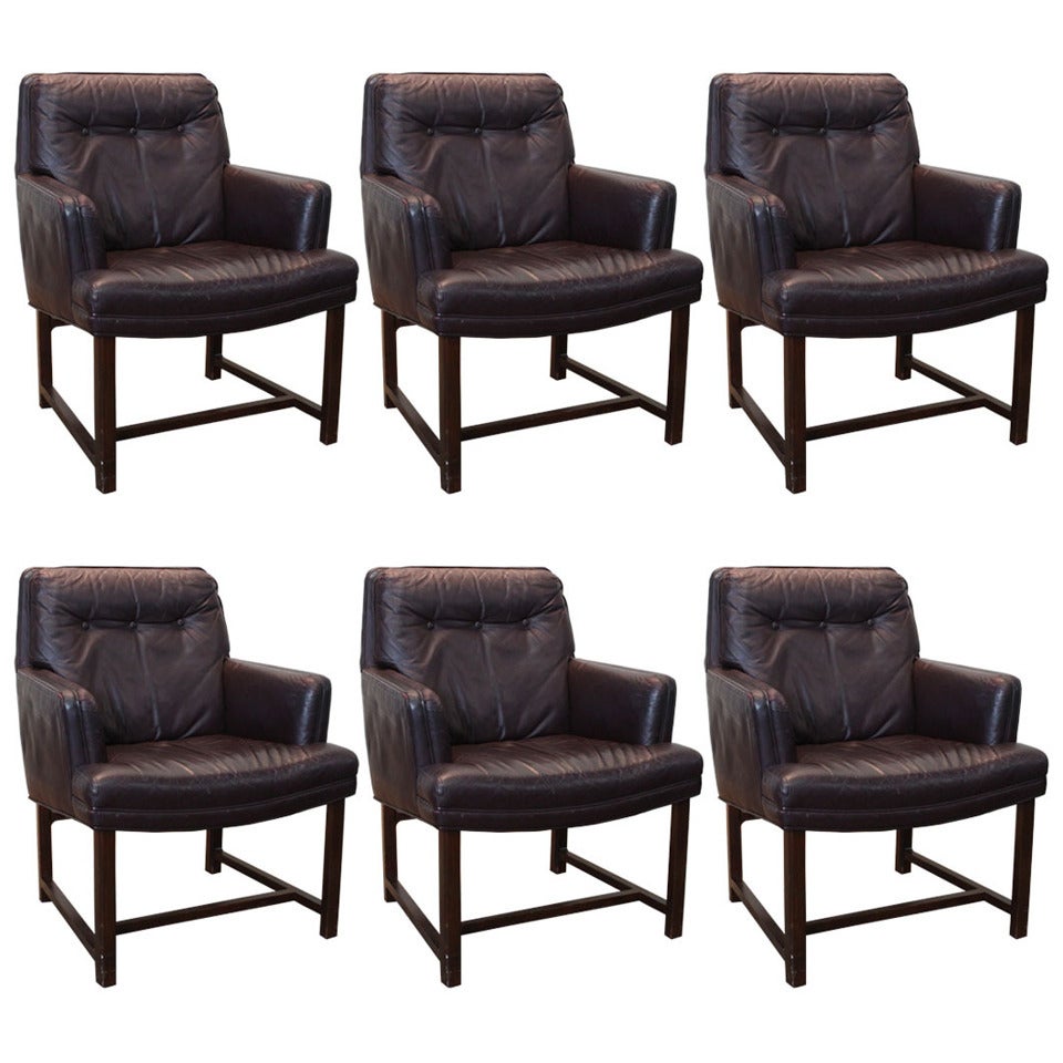Set of Six Armchairs in Ox Blood Leather by Ed Wormley for Dunbar