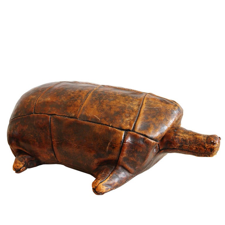 Vintage English leather tortoise footstool by Abercrombie & Fitch. Circa 1960s.