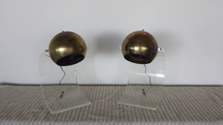 Pair Lucite and Brass Eyeball Lamps by Lightolier