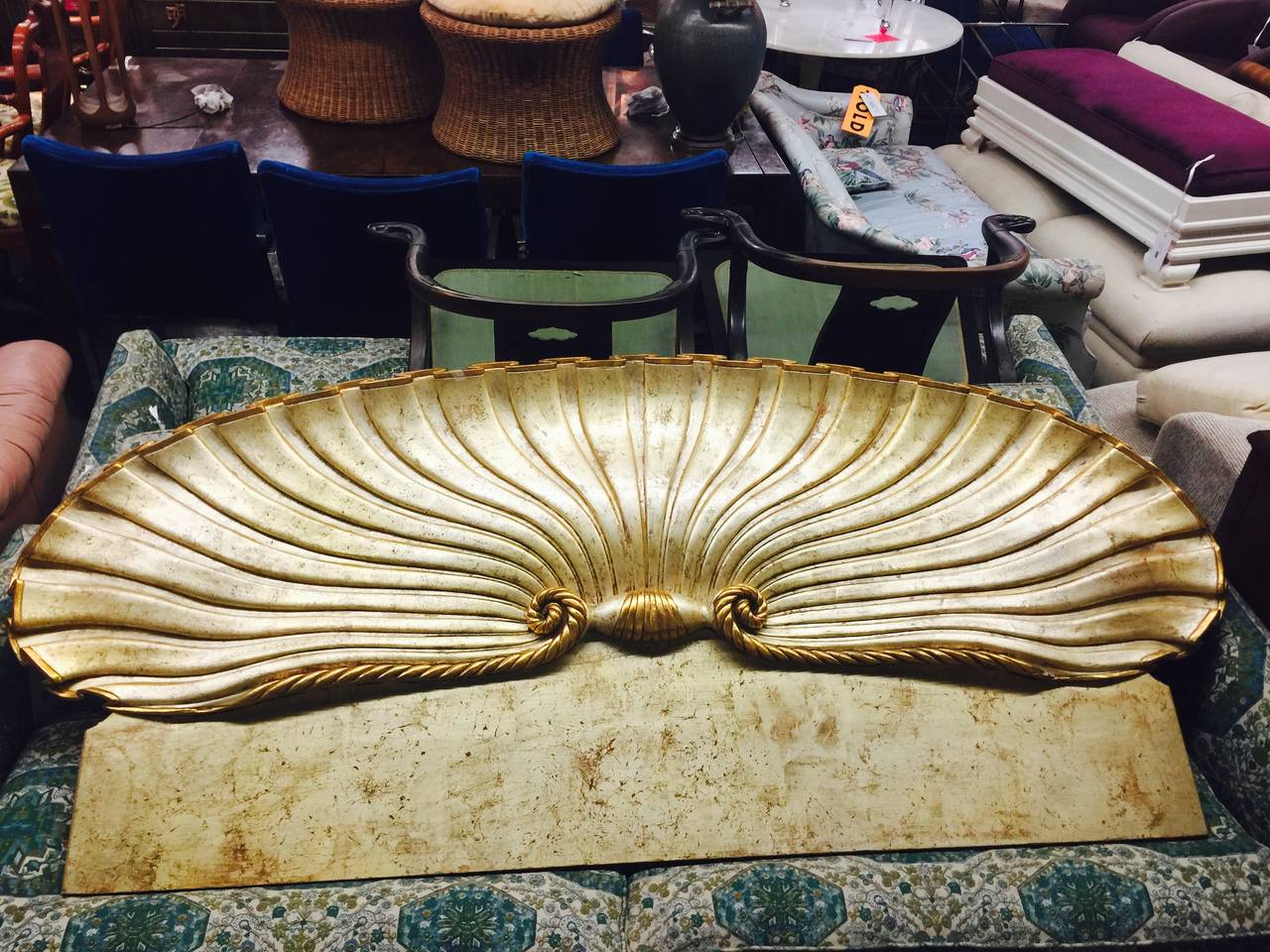 King Size Gilded Hollywood Regency Clam Shell Headboard. Mounts on the wall. 

dimensions: 78.5