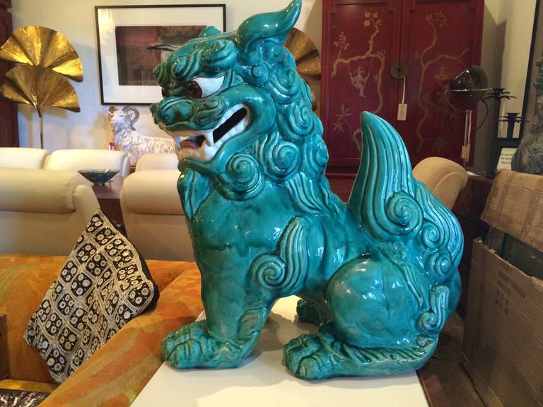 Overscale Pair Turquoise Glazed Foo Dogs For Sale at 1stdibs