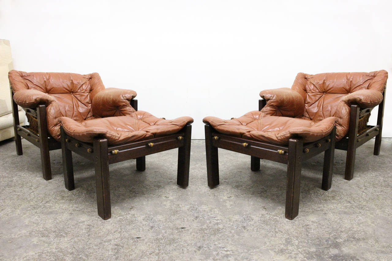 Mid-Century Modern Pair of Jean Gillon Sling Lounge Chairs and Ottomans