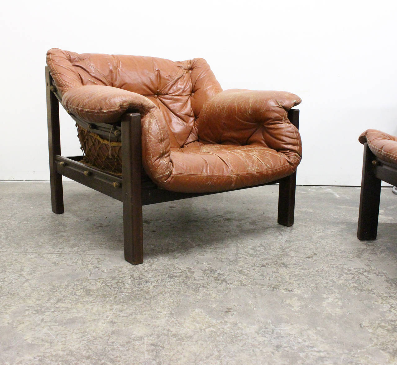 Brazilian Pair of Jean Gillon Sling Lounge Chairs and Ottomans