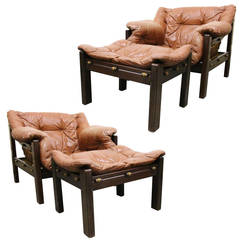 Pair of Jean Gillon Sling Lounge Chairs and Ottomans