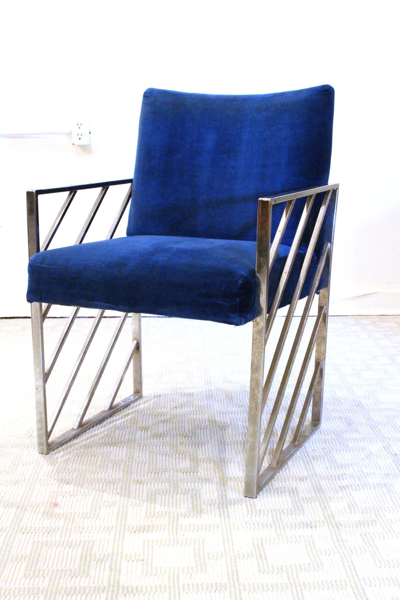 Set of Six Blue Velvet and Chrome Chairs in the Style of Milo Baughman