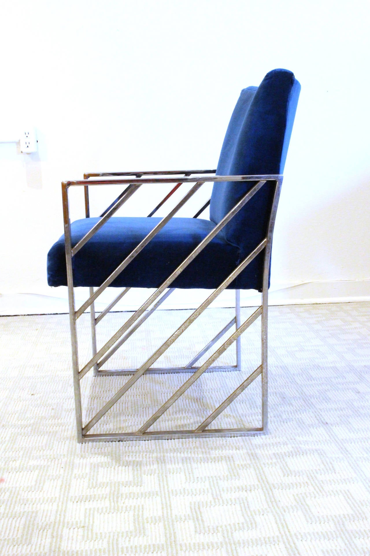 Set of Six Blue Velvet and Chrome Chairs in the Style of Milo Baughman