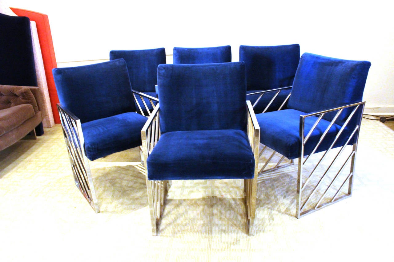 Set of Six Blue Velvet and Chrome Chairs in the Style of Milo Baughman