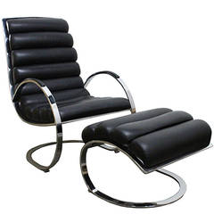 Leather and Chrome Lounge Chair with Ottoman in the Style of Milo Baughman