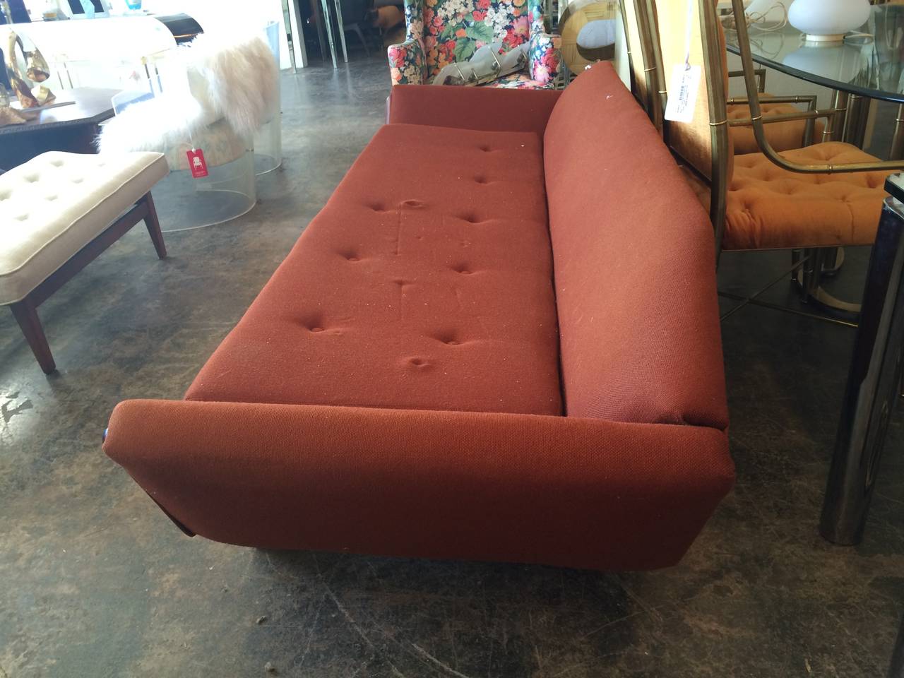 Gondola Sofa by Adrian Pearsall for Craft Associates with American Walnut frame, with original upholstery. There is some nicks in the wood frame and recommend new upholstery.

dimensions: 103