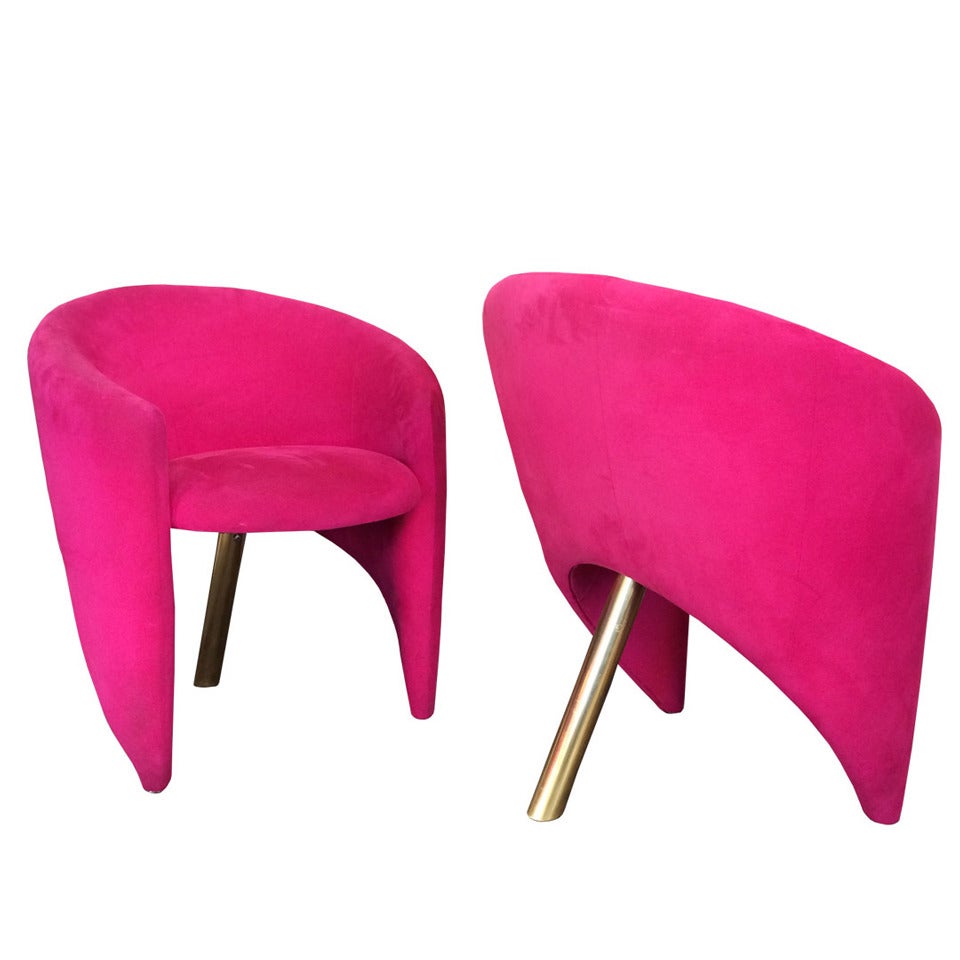 Pair Three-Legged Pink Chairs in the Style of Kelly Wearstler