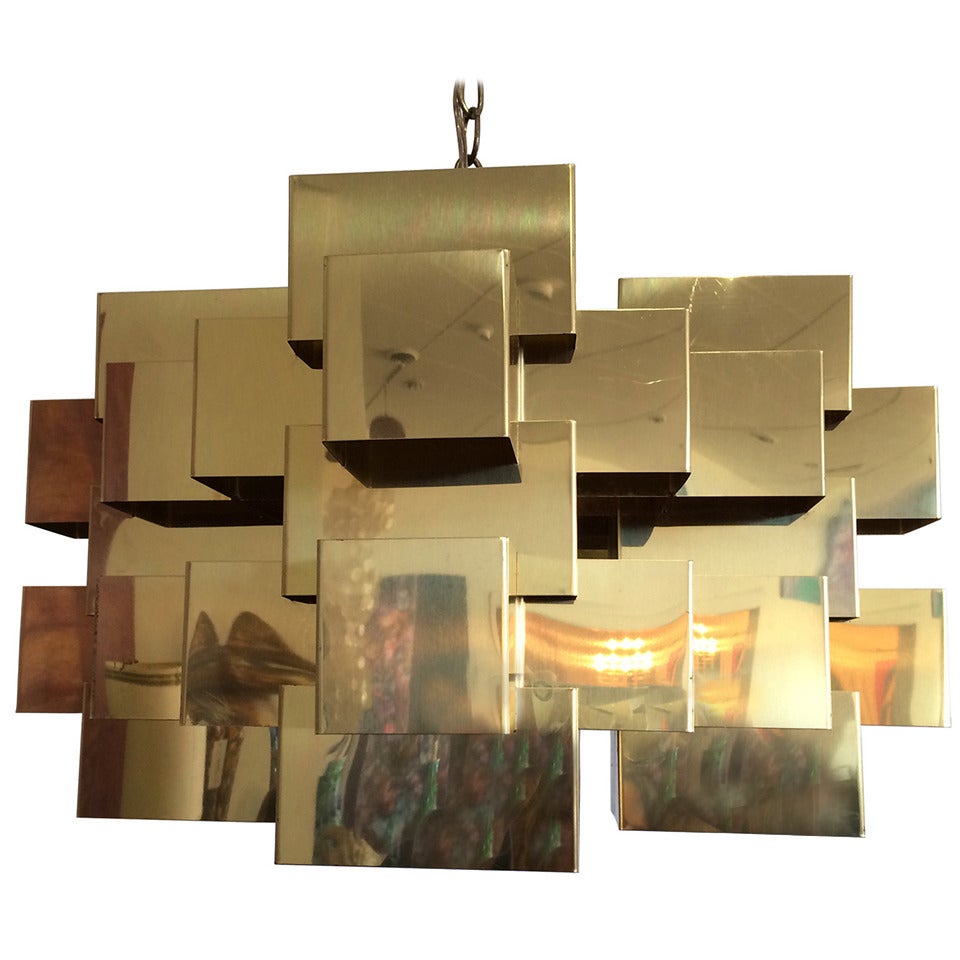 Brass Brutalist Cubist Chandelier by Curtis Jere, Signed