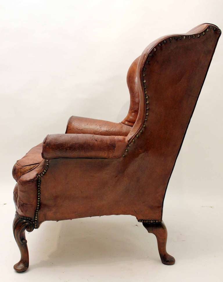 19th Century Leather Wingback Armchair In Fair Condition In Gloucestershire, GB