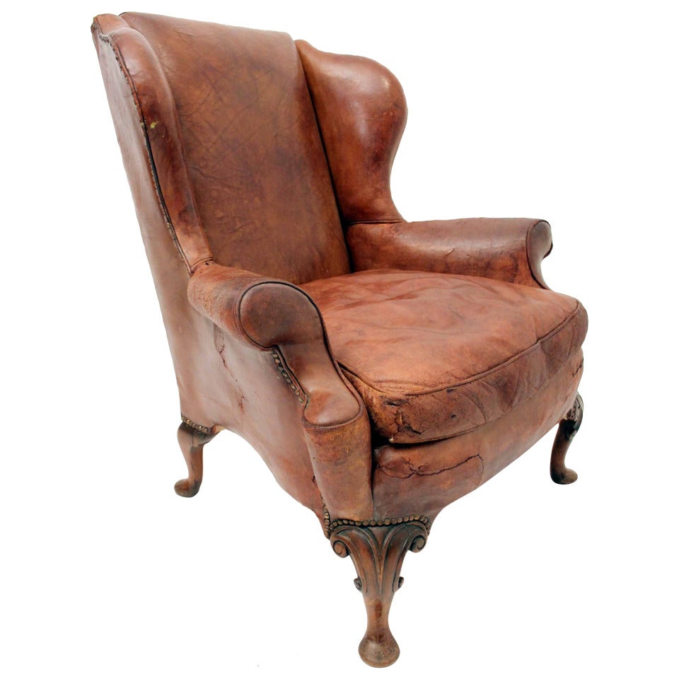 19th Century Leather Wingback Armchair