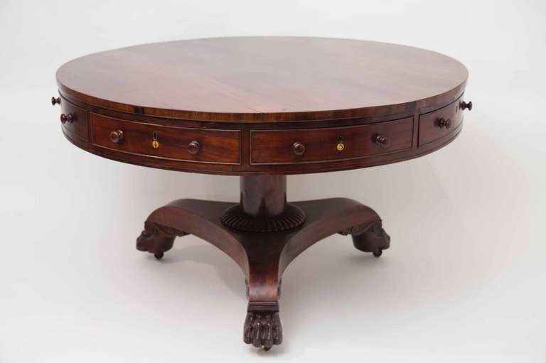 A fantastic 19Th century drum table / rent table in the manner of William Trotter of Edinburgh, Scotland.  This eight draw table with ivory numbers and spinning pedestal base sitting on lion paw foot with casters is in wonderful original condition.