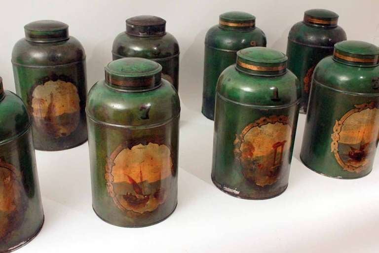 Tin Set of Ten 19th Century Tole Tea Canisters