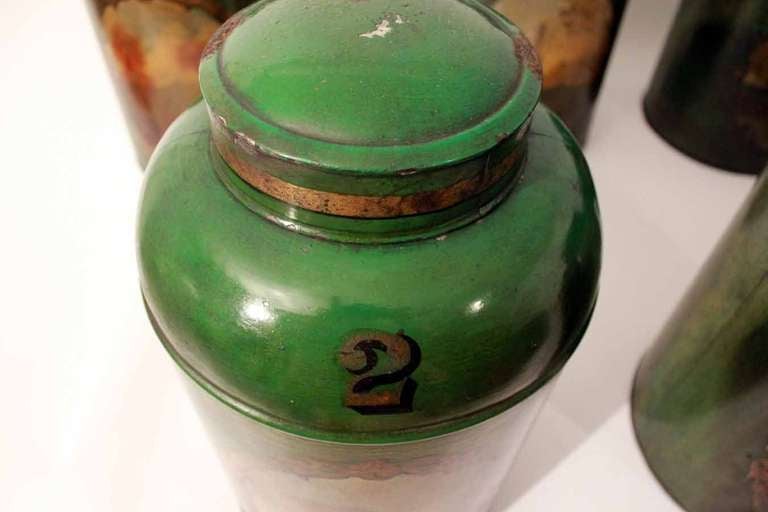 Set of Ten 19th Century Tole Tea Canisters In Distressed Condition In Gloucestershire, GB