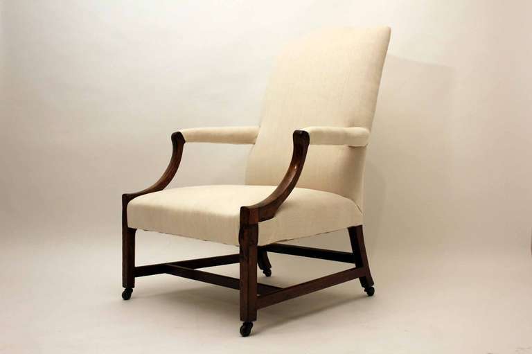 A very elegant late 18th century mahogany Gainsborough chair recovered in a off white herring bone linen.