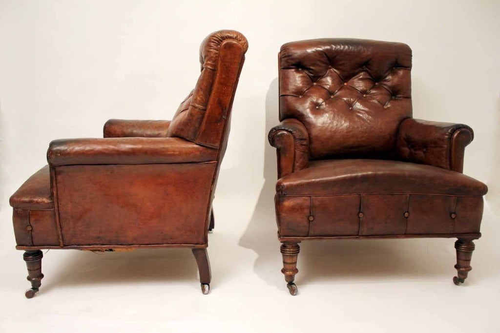 English Pair of 19th Century Gentleman's Leather Club Chairs