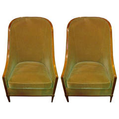 Pair of Mohair Deco Style Wood Side Chairs