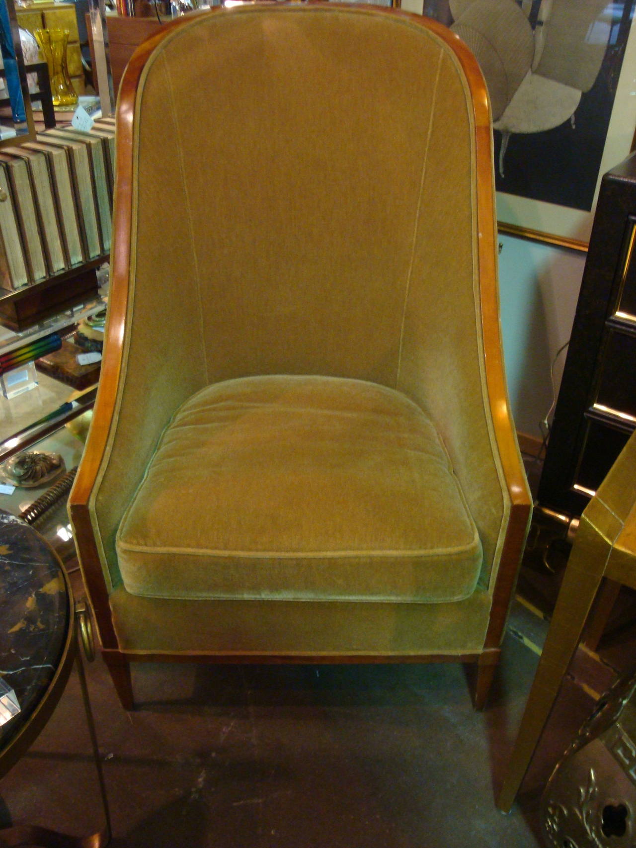 This is a pair of Mohair deco style fruitwood side chairs