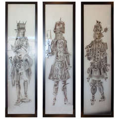 Set of Three Etched Glass Panels