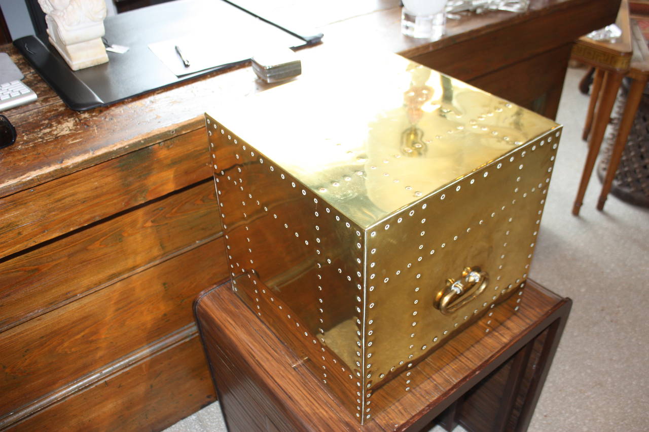Brass cube side table with handles