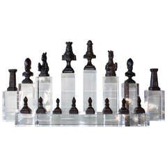 Circa 1900 Carved Wood Chess Set on Lucite