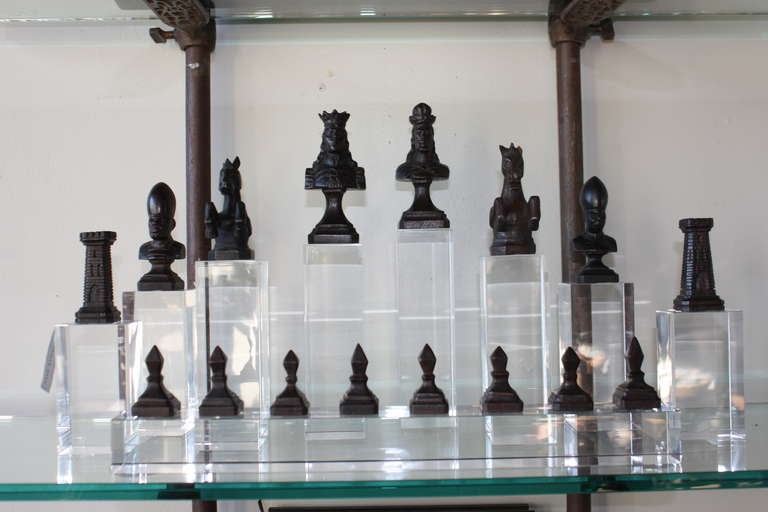 Circa 1900 Carved Wood Chess Set on Lucite
