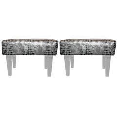 Pair Faux alligator and lucite ottoman