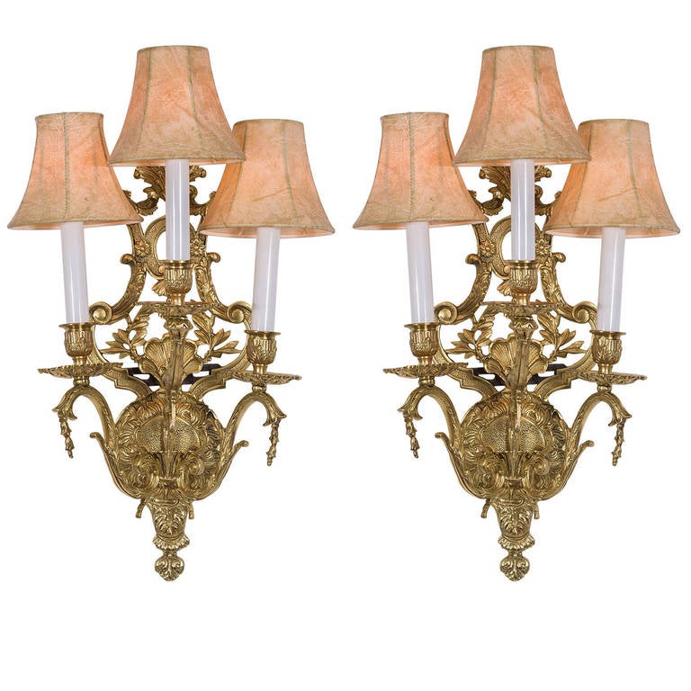 French, Polished Brass Three-Light Sconces with Floral Motif