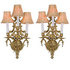 French, Polished Brass Three-Light Sconces with Floral Motif
