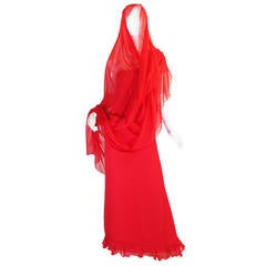 1990s Ruffled Silk Chiffon Oscar De La Renta Gown