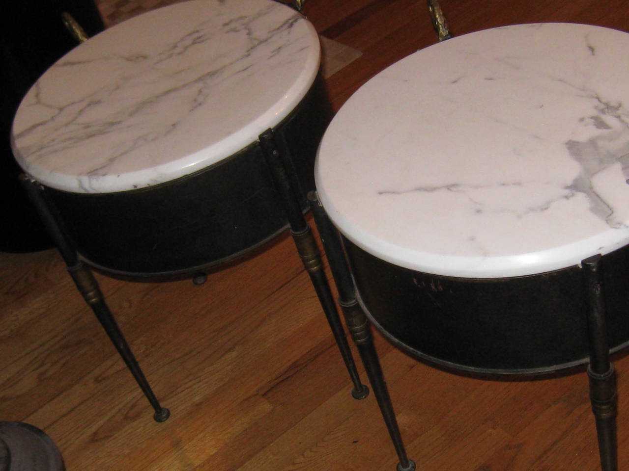 Pair of Steel and Marble Side Tables by Trouvailles Furniture, Inc.