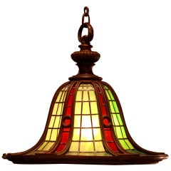 Bronze and Leaded Glass Arts and Crafts Chandelier